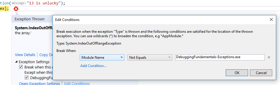 Exception settings condtions window
