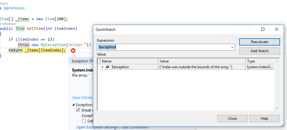Exception view details quickWatch