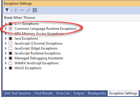 Exception settings Visual Studio