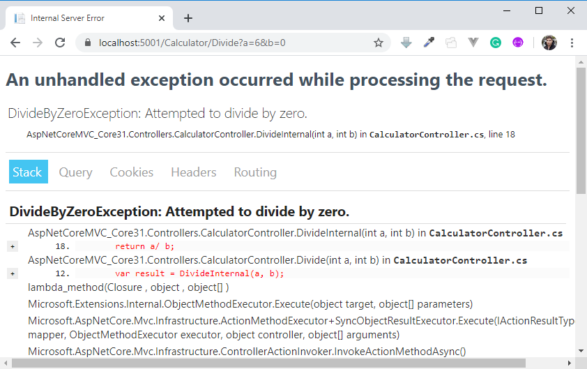 Developer Exception Page
