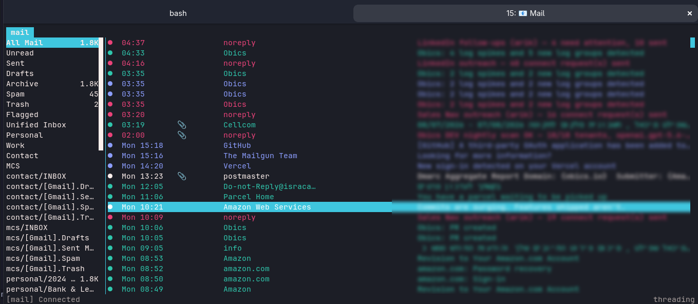 aerc unified inbox in the terminal