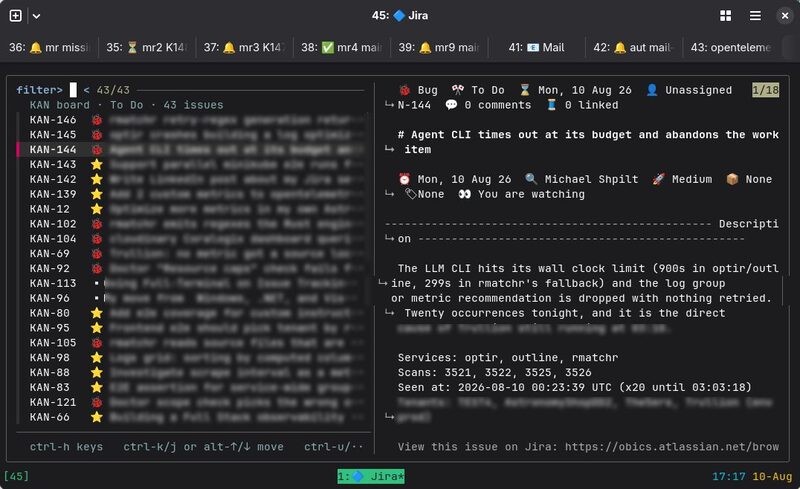 The jira-board TUI: fuzzy-filtered issue list on the left, issue card on the right