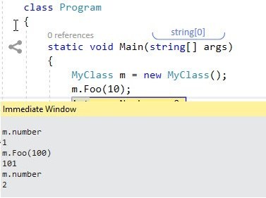 Immediate window evaluation visual studio