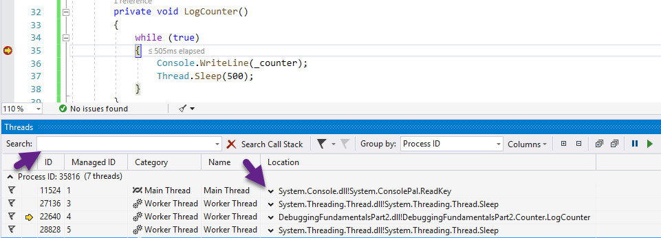 Threads window visual studio