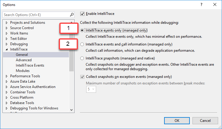 Intellitrace settings