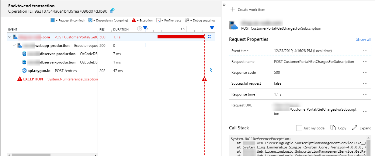 Application insights request failure