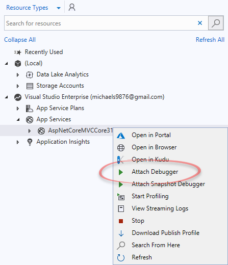 Cloud explorer attach a debugger