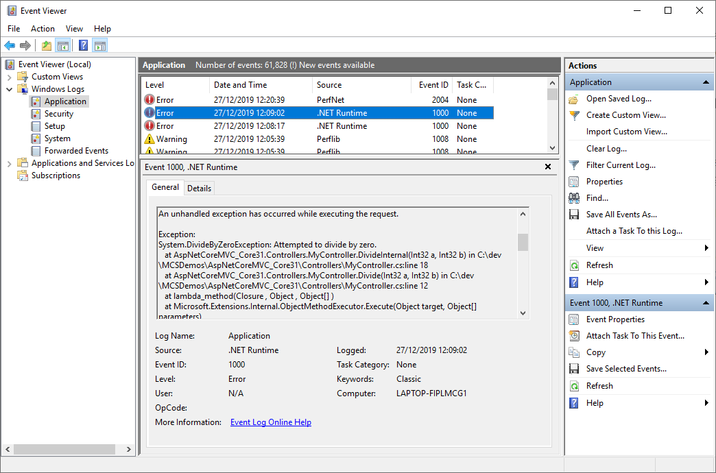 Event Viewer showing failed ASP.NET request