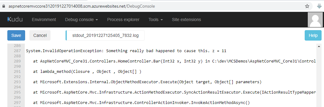 stdout logs with exception