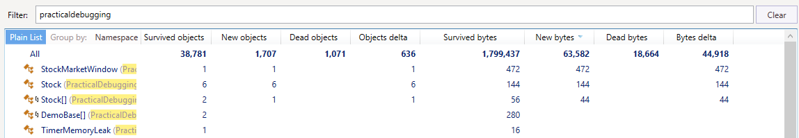 comparing snapshots for memory leaks