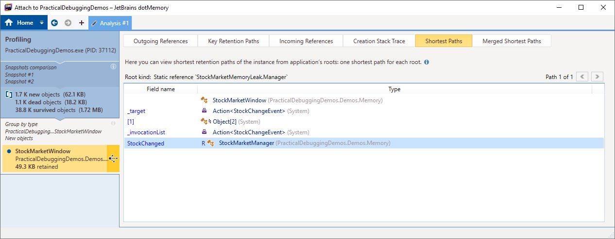 shortest path to root for memory leaks