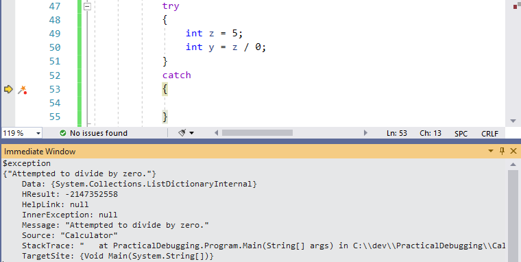 $exception Visual Studio