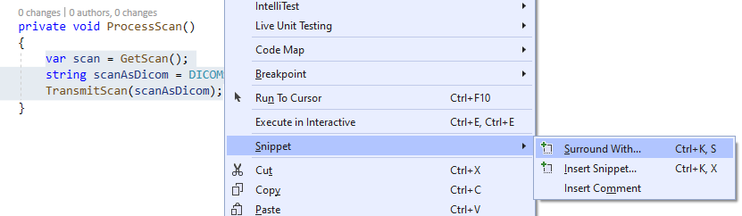 visual studio surround with snippet