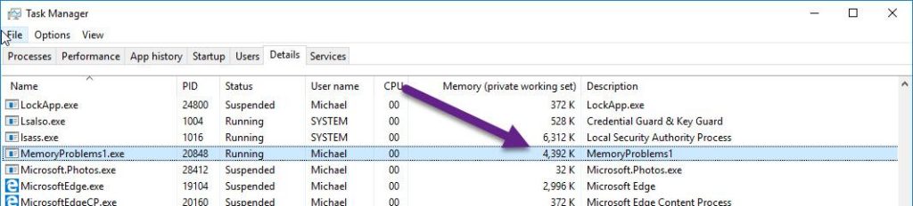 Task manager memory measuring